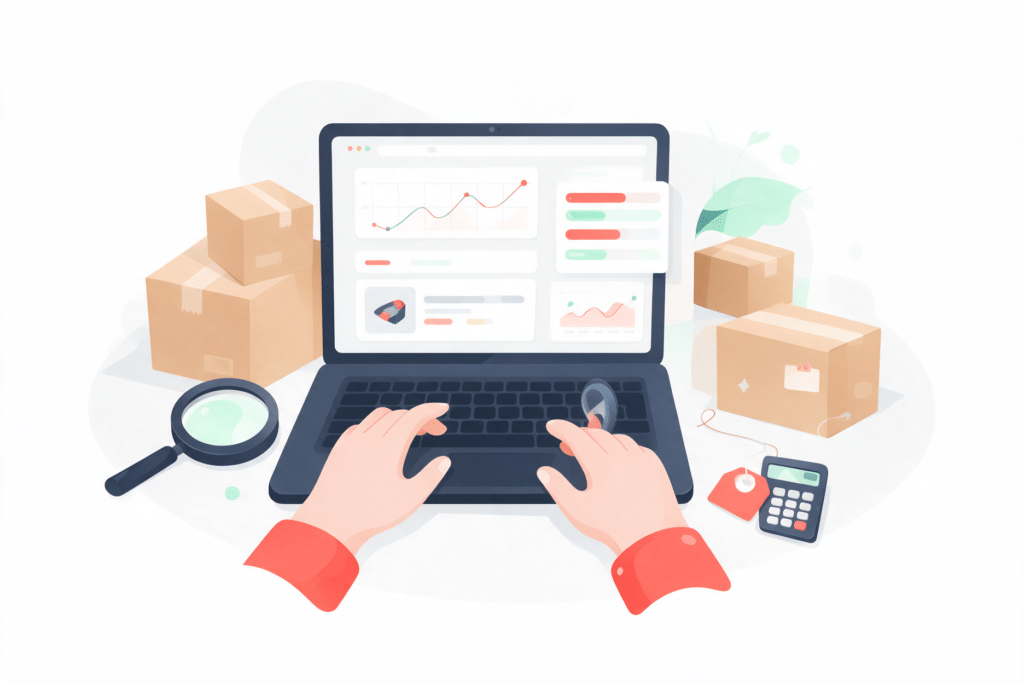 Helium 10 pricing and group buy guide: Amazon seller doing product research on a laptop