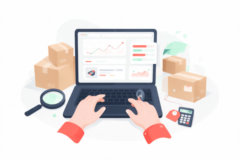 Helium 10 pricing and group buy guide: Amazon seller doing product research on a laptop
